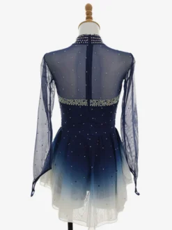 Robe de patinage artistique bleu foncé ombré à manches longues en résille strassée tenue de compétition pour filles et femmes