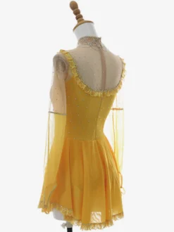 Robe de patinage artistique pour femmes et filles jaune poudré patchwork dos ouvert maille haute élasticité tenue d'entraînement et de compétition cristal classique /