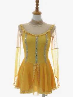 Robe de patinage artistique pour femmes et filles jaune poudré patchwork dos ouvert maille haute élasticité tenue d'entraînement et de compétition cristal classique /