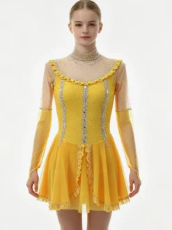 Robe de patinage artistique pour femmes et filles jaune poudré patchwork dos ouvert maille haute élasticité tenue d'entraînement et de compétition cristal classique /