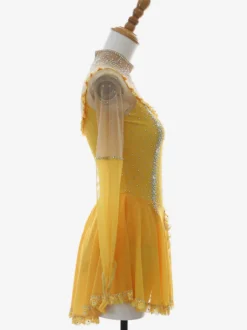 Robe de patinage artistique pour femmes et filles jaune poudré patchwork dos ouvert maille haute élasticité tenue d'entraînement et de compétition cristal classique /