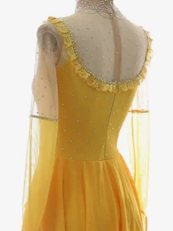 Robe de patinage artistique pour femmes et filles jaune poudré patchwork dos ouvert maille haute élasticité tenue d'entraînement et de compétition cristal classique /