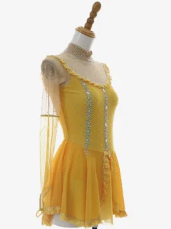 Robe de patinage artistique pour femmes et filles jaune poudré patchwork dos ouvert maille haute élasticité tenue d'entraînement et de compétition cristal classique /