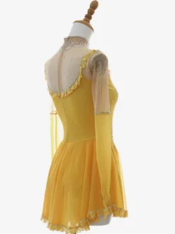 Robe de patinage artistique pour femmes et filles jaune poudré patchwork dos ouvert maille haute élasticité tenue d'entraînement et de compétition cristal classique /