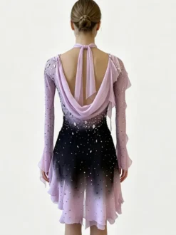 Robe de patinage artistique pour femmes et filles rose poudré patchwork dos ouvert en maille haute élasticité tenue d'entraînement et de compétition cristal classique / Rh
