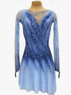 Robe de patinage artistique pour femmes et filles bleue très élastique idéale pour l'entraînement et la compétition. Style classique ornée de cristaux et de strass manches longues.
