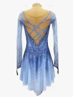 Robe de patinage artistique pour femmes et filles bleue très élastique idéale pour l'entraînement et la compétition. Style classique ornée de cristaux et de strass manches longues.
