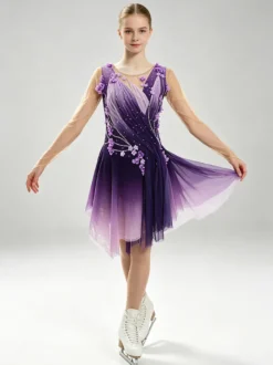Robe de patinage artistique pour femmes et filles patchwork dos ouvert maille haute élasticité tenue d'entraînement et de compétition cristal classique