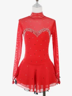 Robe de patinage artistique pour femmes haute élasticité manches longues maille crochet diamant robe de compétition de danse sur glace