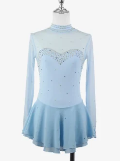 Robe de patinage artistique pour femmes haute élasticité manches longues maille crochet diamant robe de compétition de danse sur glace