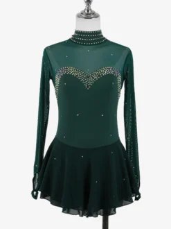 Robe de patinage artistique pour femmes haute élasticité manches longues maille crochet diamant robe de compétition de danse sur glace