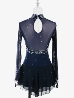 Robe de patinage artistique pour femmes haute élasticité manches longues maille crochet diamant robe de compétition de danse sur glace