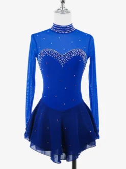 Robe de patinage artistique pour femmes haute élasticité manches longues maille crochet diamant robe de compétition de danse sur glace