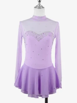Robe de patinage artistique pour femmes haute élasticité manches longues maille crochet diamant robe de compétition de danse sur glace