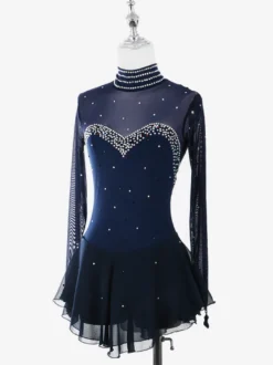 Robe de patinage artistique pour femmes haute élasticité manches longues maille crochet diamant robe de compétition de danse sur glace