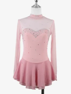Robe de patinage artistique pour femmes haute élasticité manches longues maille crochet diamant robe de compétition de danse sur glace
