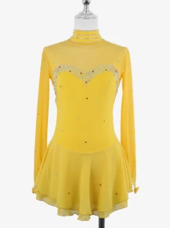 Robe de patinage artistique pour femmes haute élasticité manches longues maille crochet diamant robe de compétition de danse sur glace