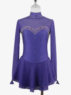 Robe de patinage artistique pour femmes haute élasticité manches longues maille crochet diamant robe de compétition de danse sur glace