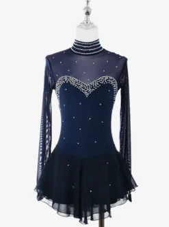Robe de patinage artistique pour femmes haute élasticité manches longues maille crochet diamant robe de compétition de danse sur glace