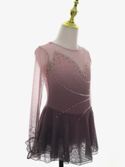 Robe de patinage artistique rose poudré en résille strass tenue de compétition pour filles et femmes