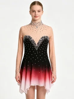 Robe de patinage artistique violette pour femmes et filles robe verte bleue très élastique pour l'entraînement et la compétition manches longues classiques ornées de cristaux et strass.