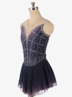 Robe de patinage artistique violet foncé sans manches en résille strassée tenue de compétition