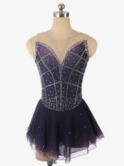 Robe de patinage artistique violet foncé sans manches en résille strassée tenue de compétition