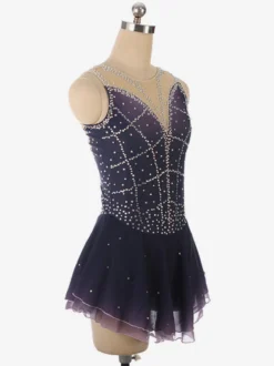 Robe de patinage artistique violet foncé sans manches en résille strassée tenue de compétition