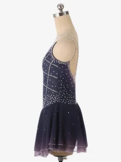 Robe de patinage artistique violet foncé sans manches en résille strassée tenue de compétition
