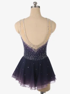 Robe de patinage artistique violet foncé sans manches en résille strassée tenue de compétition