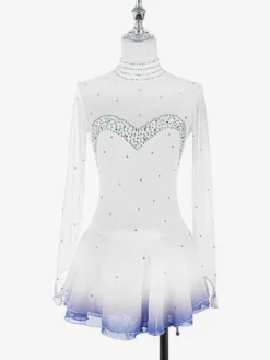 Robe de patinage blanche à col montant en forme de cœur ornée de perles et manches longues pour femmes et filles