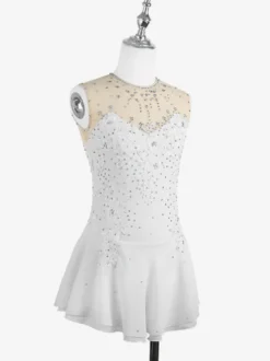 Robe de patinage blanche sans manches ornée de perles pour femmes et filles
