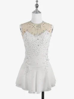 Robe de patinage blanche sans manches ornée de perles pour femmes et filles