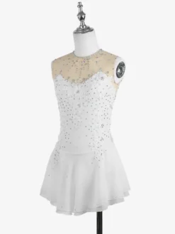 Robe de patinage blanche sans manches ornée de perles pour femmes et filles