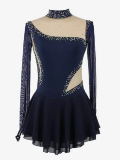 Robe de patinage bleu roi pour femmes et filles en maille perlée et strass manches longues.