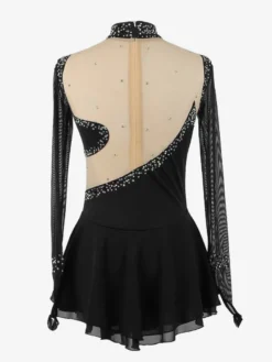Robe de patinage bleu roi pour femmes et filles en maille perlée et strass manches longues.