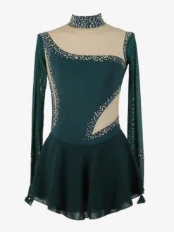 Robe de patinage bleu roi pour femmes et filles en maille perlée et strass manches longues.