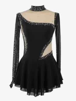 Robe de patinage bleu roi pour femmes et filles en maille perlée et strass manches longues.