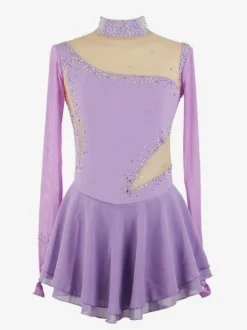 Robe de patinage bleu roi pour femmes et filles en maille perlée et strass manches longues.