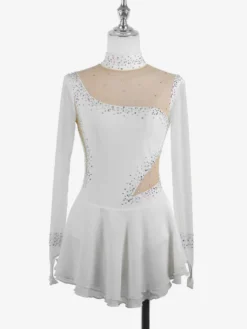 Robe de patinage bleu roi pour femmes et filles en maille perlée et strass manches longues.