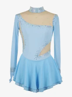 Robe de patinage bleu roi pour femmes et filles en maille perlée et strass manches longues.