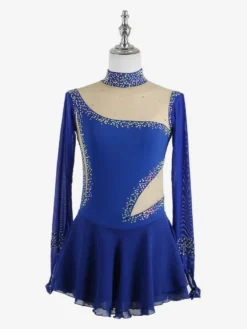 Robe de patinage bleu roi pour femmes et filles en maille perlée et strass manches longues.