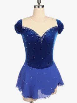 Robe de patinage bleu royal perler les costumes de danse de velours à volants Déguisements Halloween