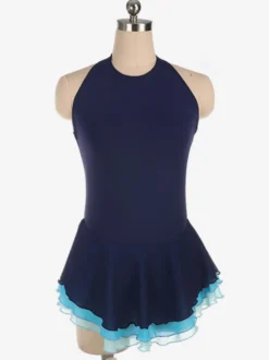 Robe de patinage Costumes de danse de bloc de couleur polyester bleu profond