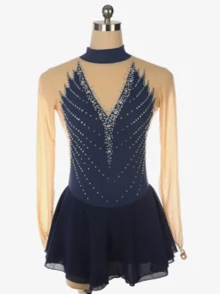 Robe de patinage dos nu foncé col montant perles et maille pour femmes et filles