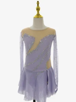 Robe de patinage lavande élégante à manches longues ornée de perles pour femmes et filles