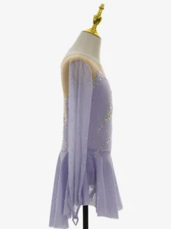 Robe de patinage lavande élégante à manches longues ornée de perles pour femmes et filles