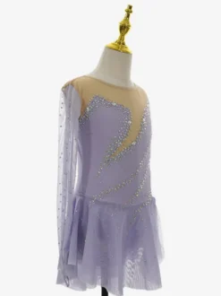 Robe de patinage lavande élégante à manches longues ornée de perles pour femmes et filles