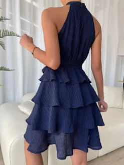 Robe de Patineuse Courte en Mousseline avec Bretelles à Col Rond avec Epaule Dénudée Coupe Cintrée à Lacets Unicolore