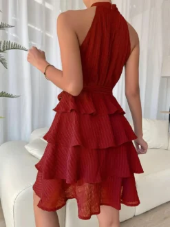 Robe de Patineuse Courte en Mousseline avec Bretelles à Col Rond avec Epaule Dénudée Coupe Cintrée à Lacets Unicolore